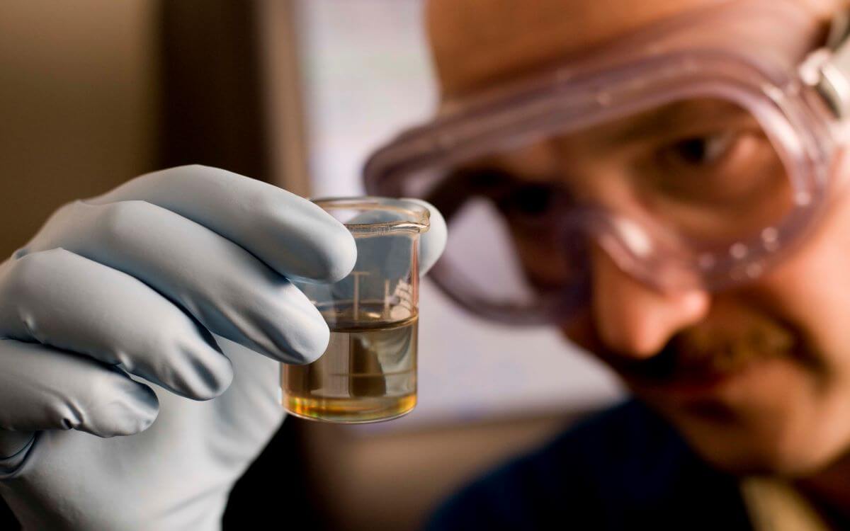 Genesis employee examining content within a beaker