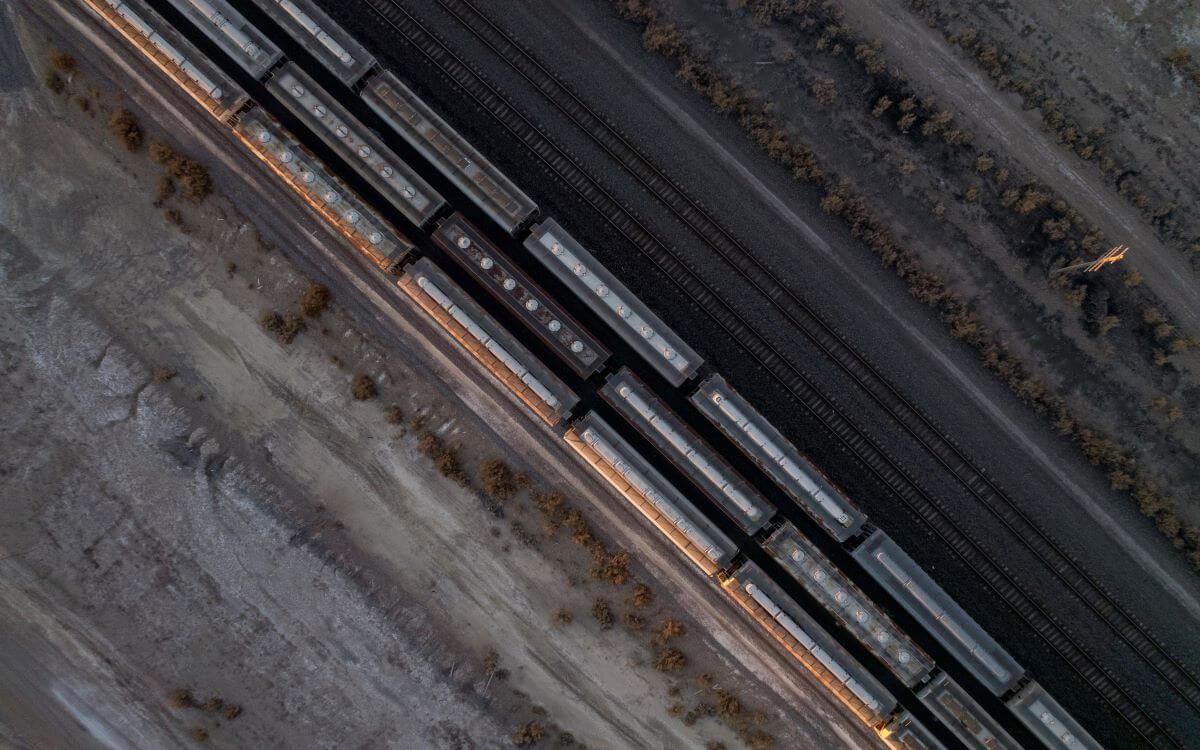 Aerial view of railroad tracks in Green River, WY