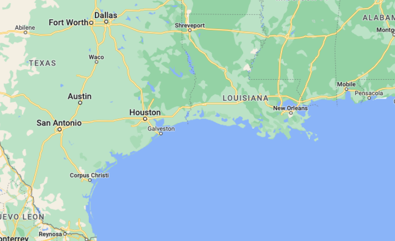 Google Maps view of the Texas and Louisiana area